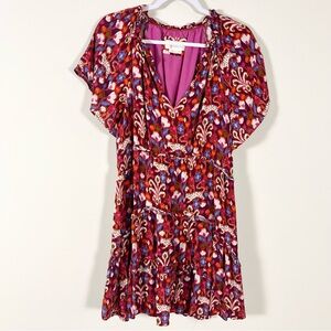 By Anthropologie Robin Tiered Mini Dress Floral V-Neck Size Medium Boho Spring